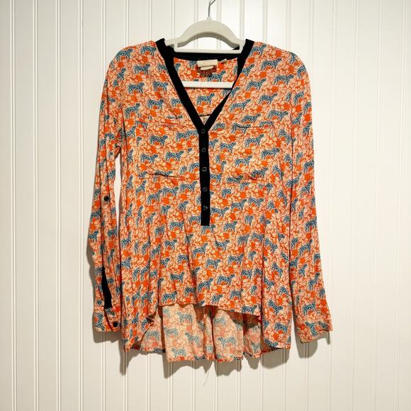 Anthropologie Vanessa Virginia Tiger Print Henley Blouse Size 2 - Picture 2 of 7